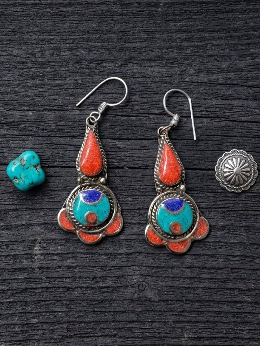 Tibetan Nepalese Earrings Coral Turquoise Lapis Inlay Silver Tone Artisan 2.35"